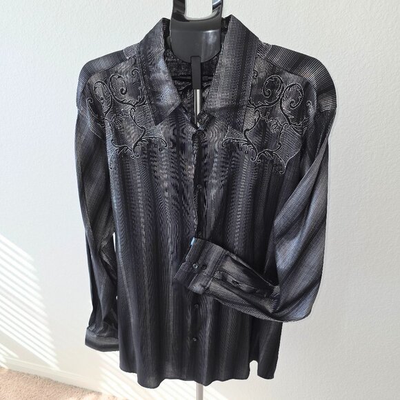 PRONTI BY PHITA MENS 4XL BLACK AND SILVER LONG SLEEVE SHIRT WITH EMBROIDERY - Picture 1 of 11